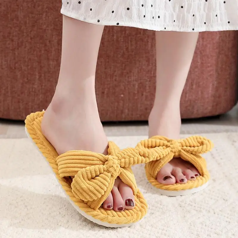 2026 Winter Süße Schleifenknoten-Hausschuhe für Damen, Trendige Cord-Baumwoll-Pantoffeln, EVA Rutschfeste Wohnzimmer-Schuhe, Flach – Detail 7