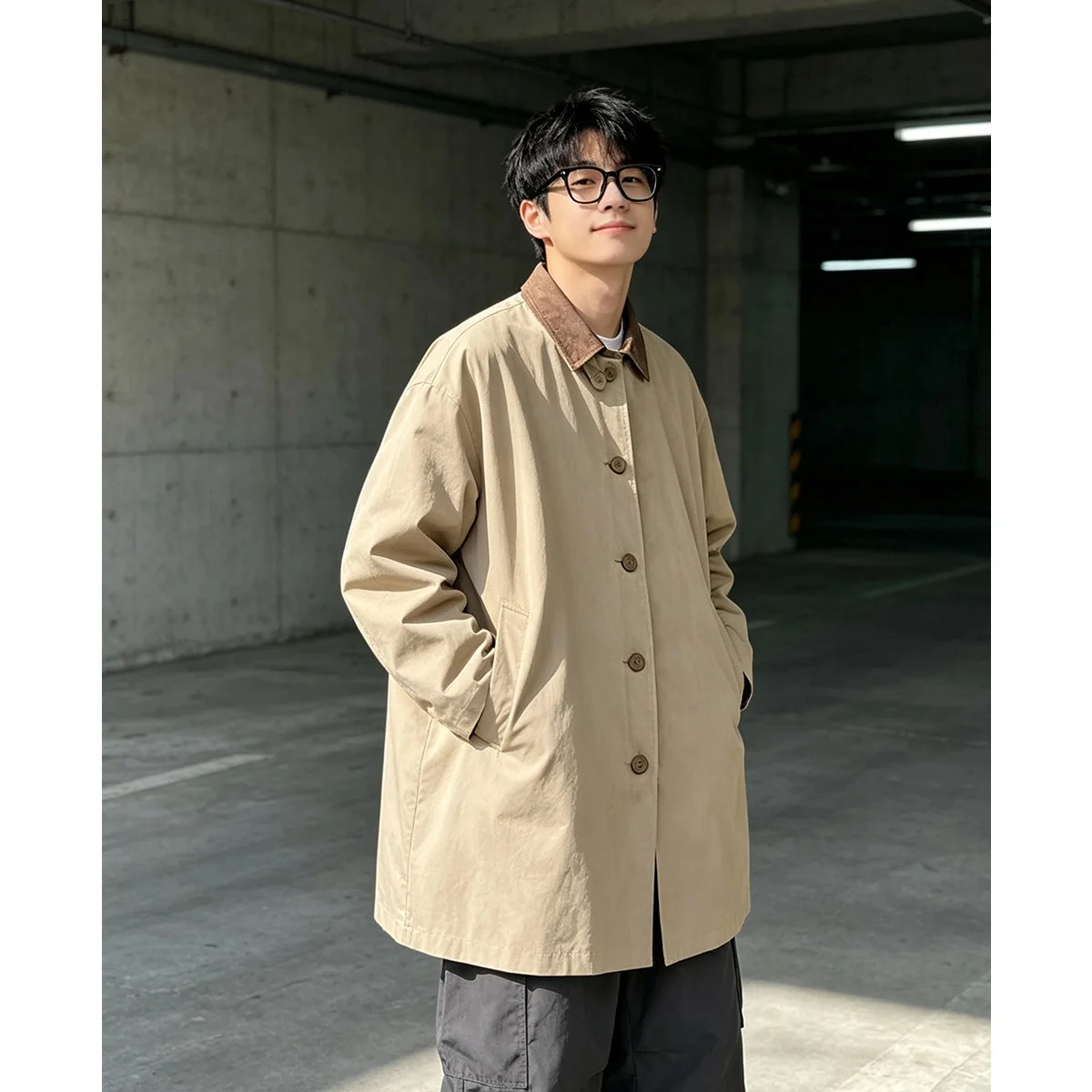 

Medium Long Commute Trench Coat Men Splice Collar Loose Casual Vintage Hunting Trench Jacket Women Oversize Trenchcoat