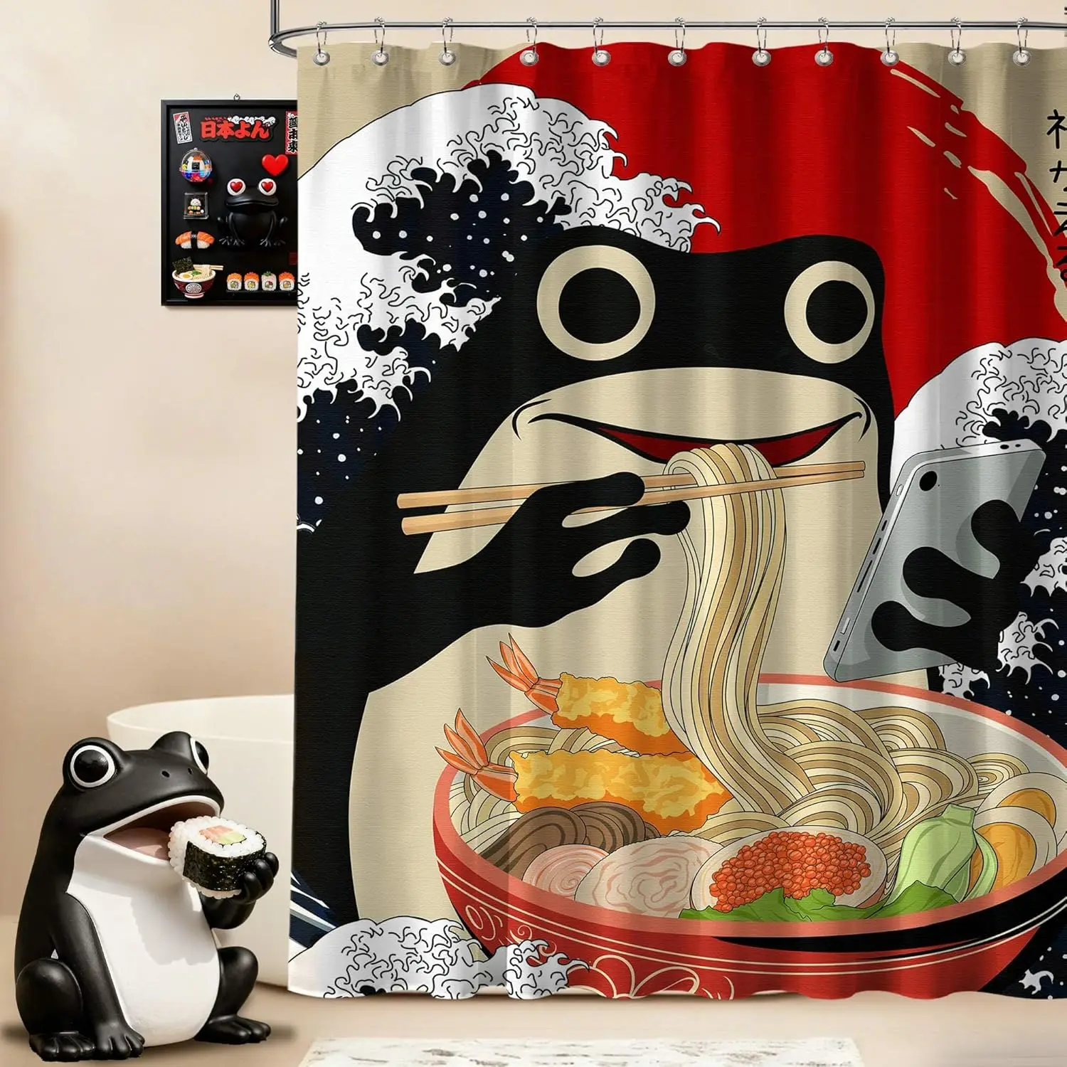 Waterproof Funny Anime Shower Curtain Novelty Cartoon Bathroom Decor Japanese Style Noodles Screen Accent for Kids Adults Shower