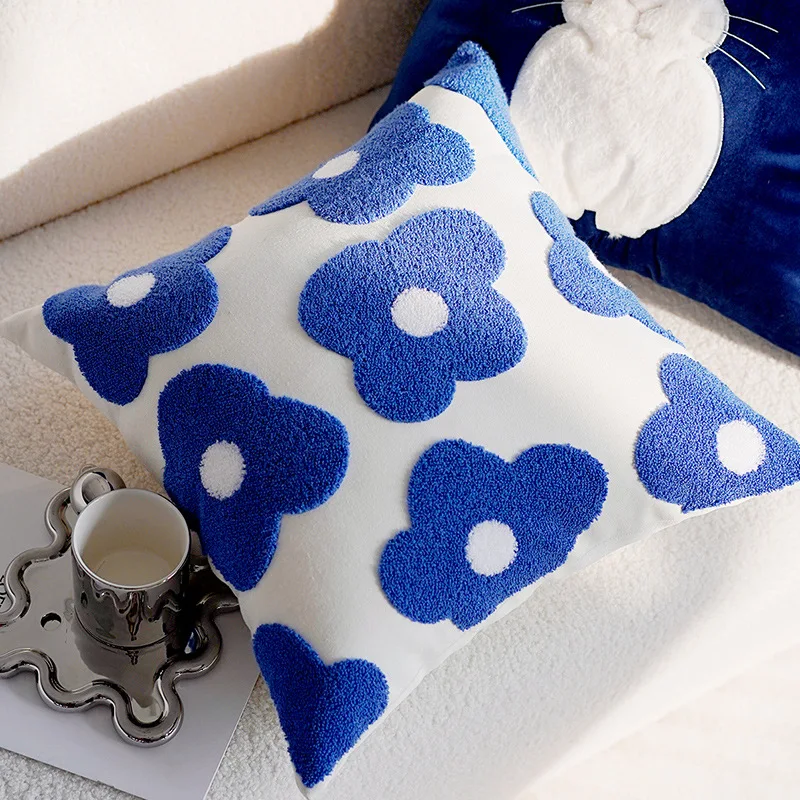 Plush pillow cover, flower, rabbit, cute, blue, for sofa, living room, bed side, 45x45 cm