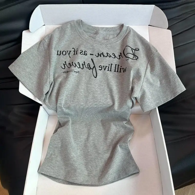

Unique printed women's top with round neck and letter print short sleevestShirt2025New slimming elastic style for the yearTSumme