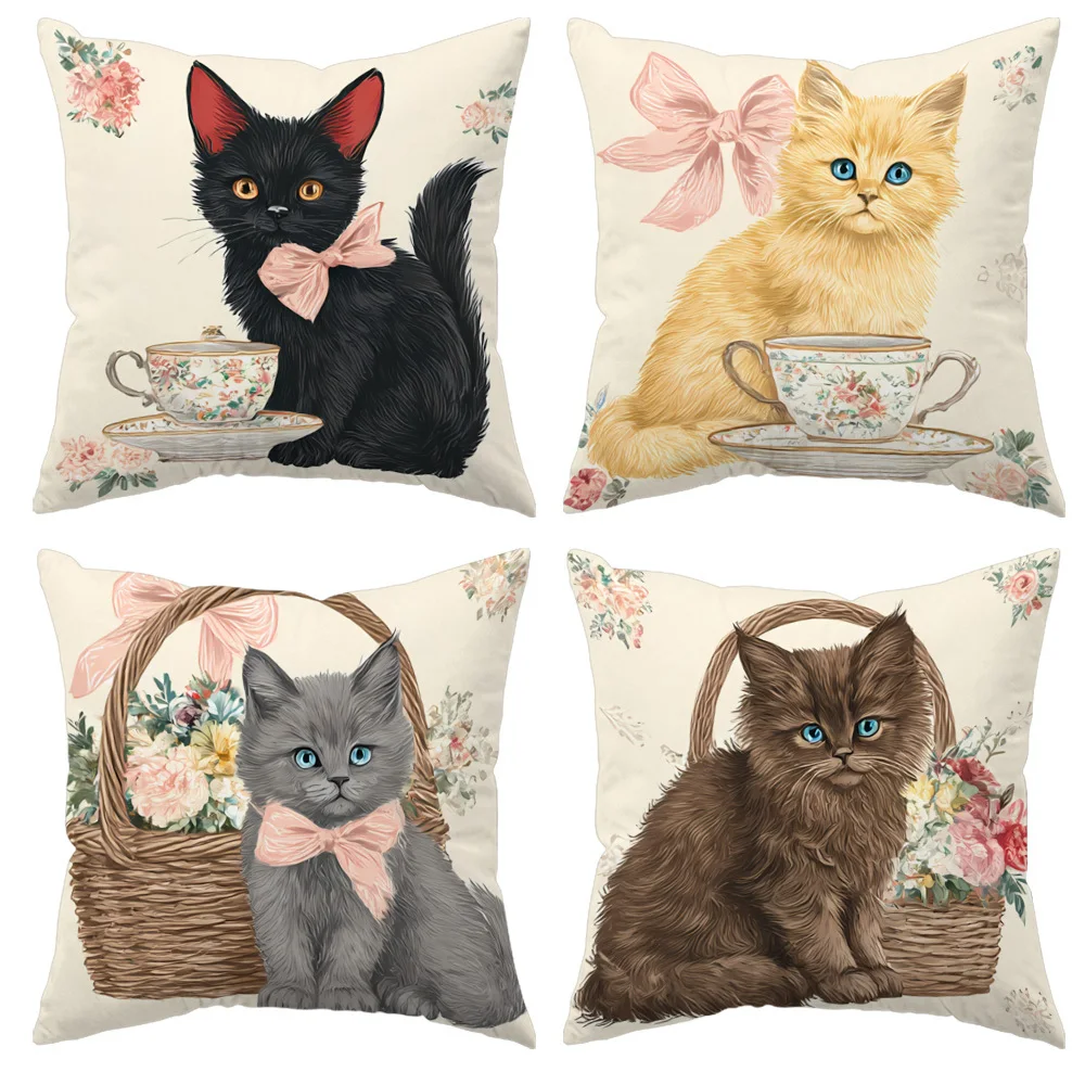 Cottagecore Style Pillow Covers, Cute Floral Kitten with Pink Bow Print Cushion Cases, Cozy Home Decor for Bedroom Living Room