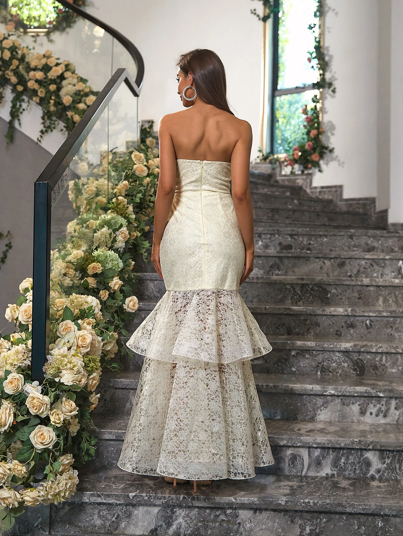 Angel-fashions frauen Elegante Liebsten Floral Spitze Spleißen Tüll Ruffels Meerjungfrau Lange Hochzeit Party Kleider Apricot 984