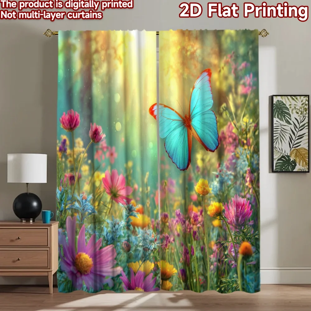 2D flat printing 2pcs Curtains Bright Butterfly Meadow Flowers Digital Printed Polyester Drapes Family Party Perfect for Event