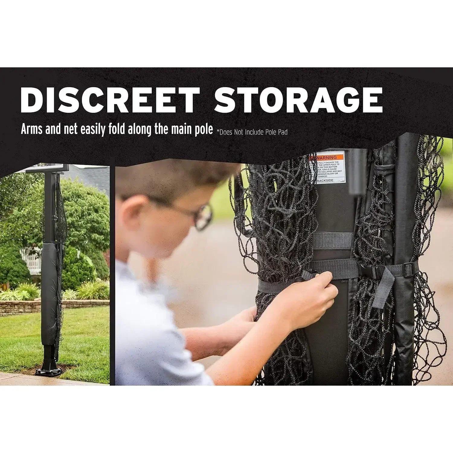 W-Basketball Yard Guard Defensive Net System Rebounder مع شبكة قابلة للطي وأذرع في القطب، أبيض/أسود