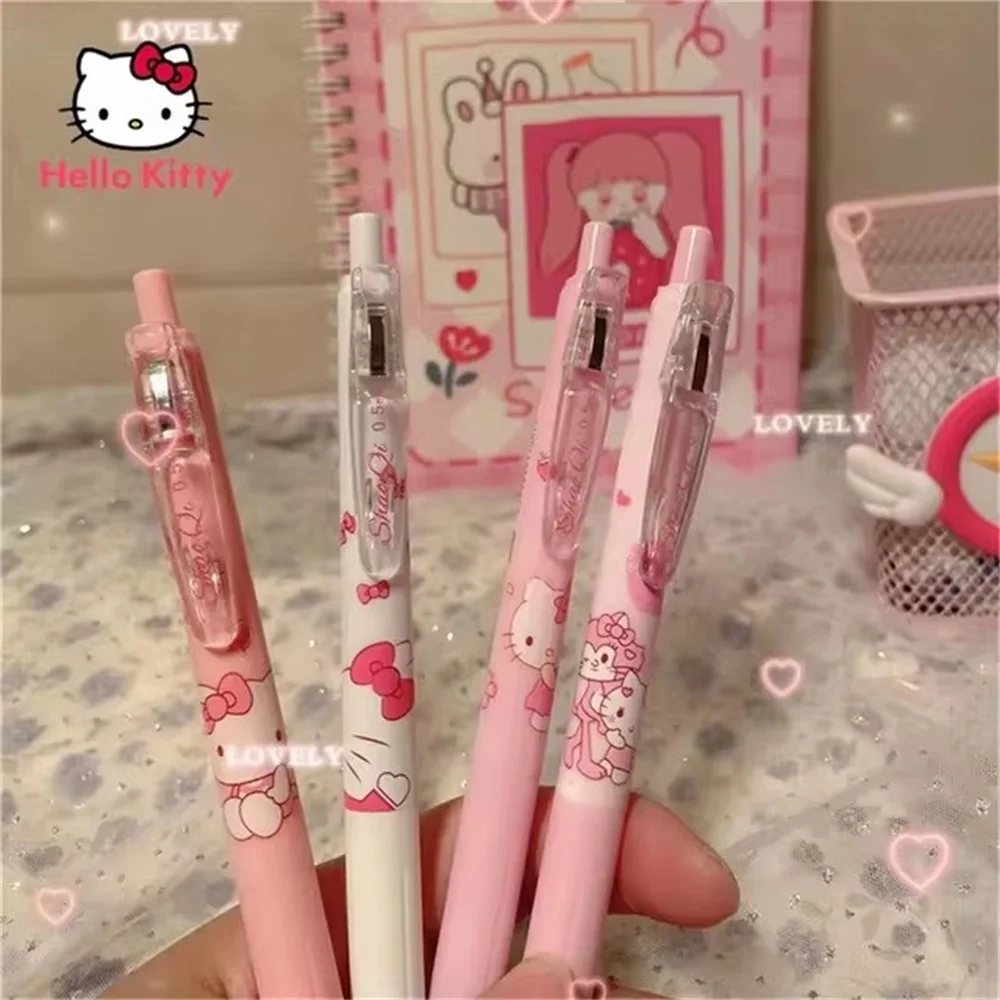 4pcs/HelloKitty Pen Anime Sanrio 0.5mm Gel Pens Girls Stationery Press Pen Kawaii Pink Student Supplies Children Writing Tools