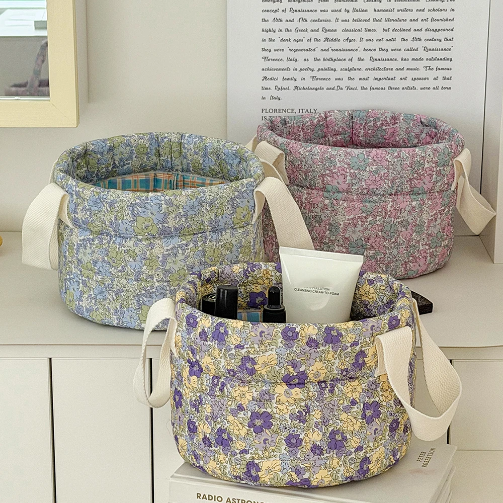 1PC SML Vintage Floral Storage Basket With Handle Home Room Quilted Organizer Basket For Makeup Toiletry Clothes Toys