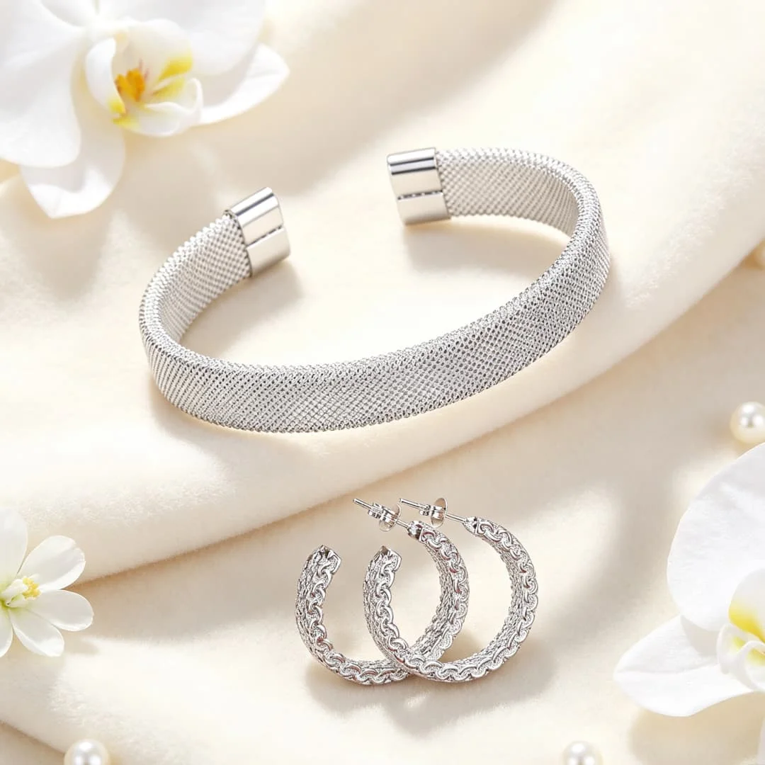 2pcs Set Original 925 Sterling Silver MESH Open Bangles Earring Jewelry Sets for Women Party Wedding Engagement Holiday Gifts