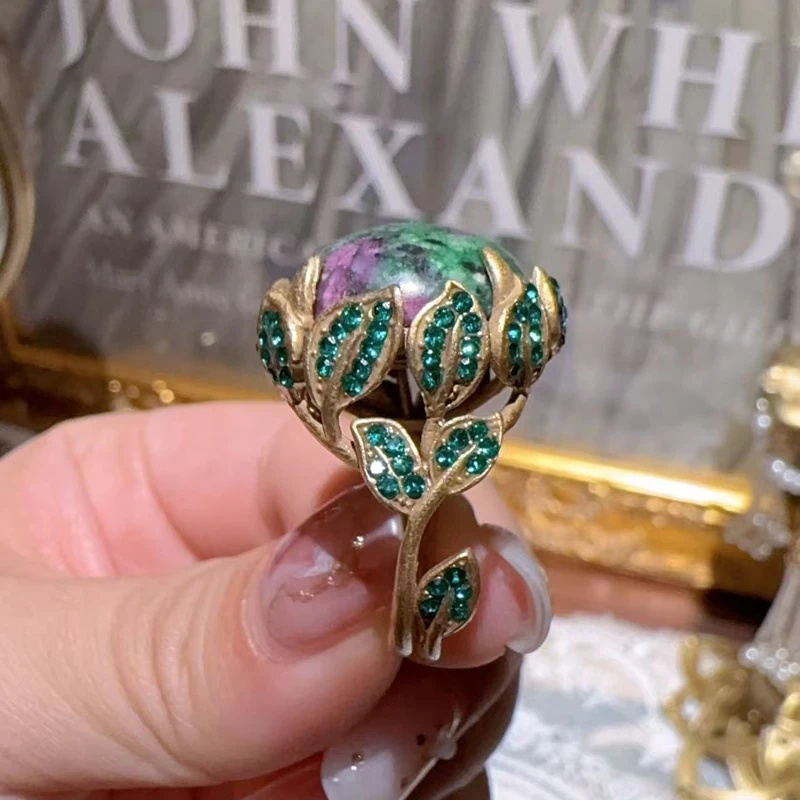 Vintage Jewelry Full Rhinestones Leave Green Peacock Stone Rings for Woman Gold Color Party Gift Bohemia Wedding New in 2024