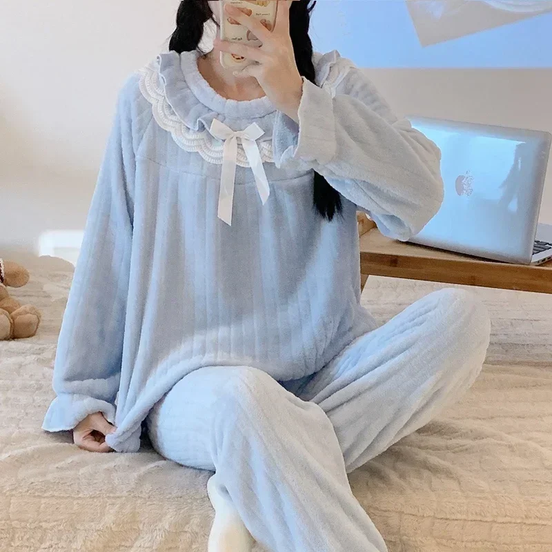 

Зимние толстые теплые фланелевые пижамные комплекты с длинными рукавами для женщин, корейская милая кружевная одежда для сна, Pijama Mujer, домашняя одежда, домашняя одежда