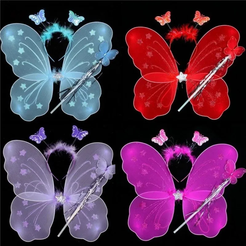 3Pcs/Set Toddler Girl Fairy Princess Costume Shiny Butterfly Wings with Wand & Headband Set Halloween Party Supplies Photo Props