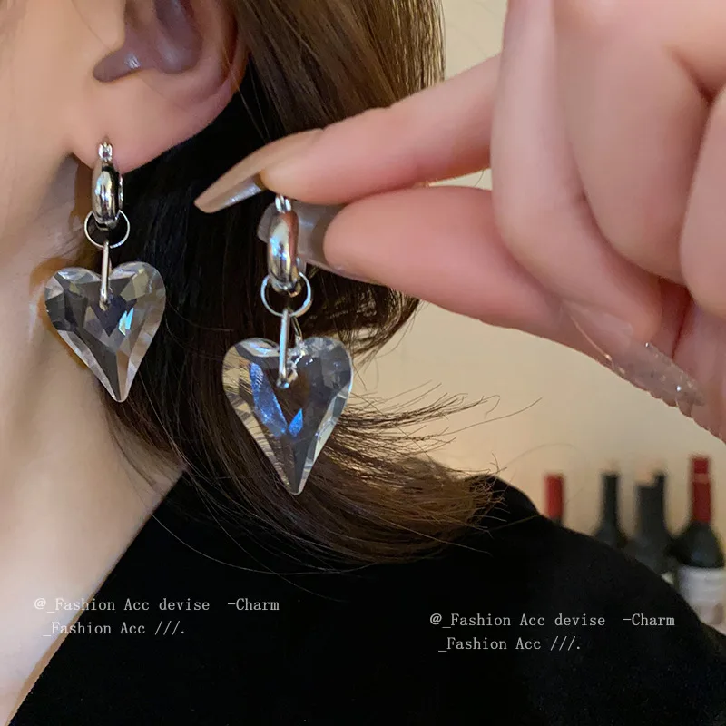 Crystal Love Heart Round Ear Buckles Exaggerate Temperament Design Earrings Fashion Jewelry