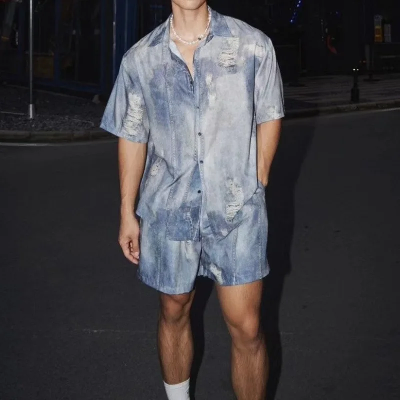 

Summer new imitation denim shirt shorts set men's niche trend design street style loose casual two-piece set