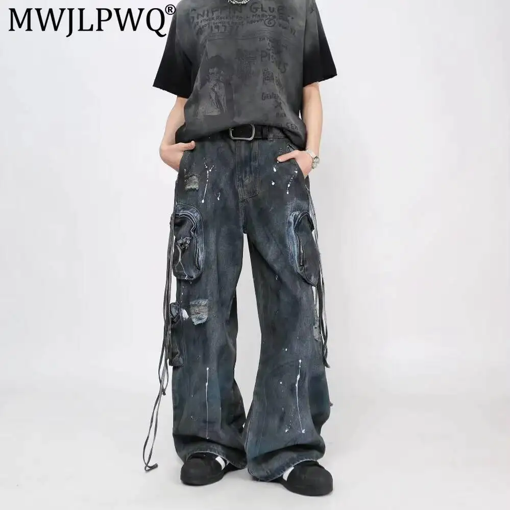 MWJLPWQ Y2K Spray-Painted Ribbon Jeans For Men American High Street Splatter-Ink Heavy-Duty Large-Pocket Niche Trousers 14426