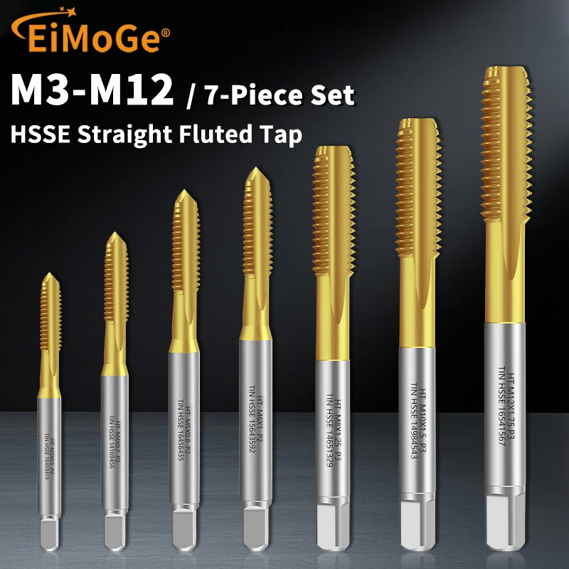 EIMOGE 7PCS HSSE Straight Flute Hand Tap Set M3-M12 Metric Threading Tap Set Without Coating / TiN Coated Option