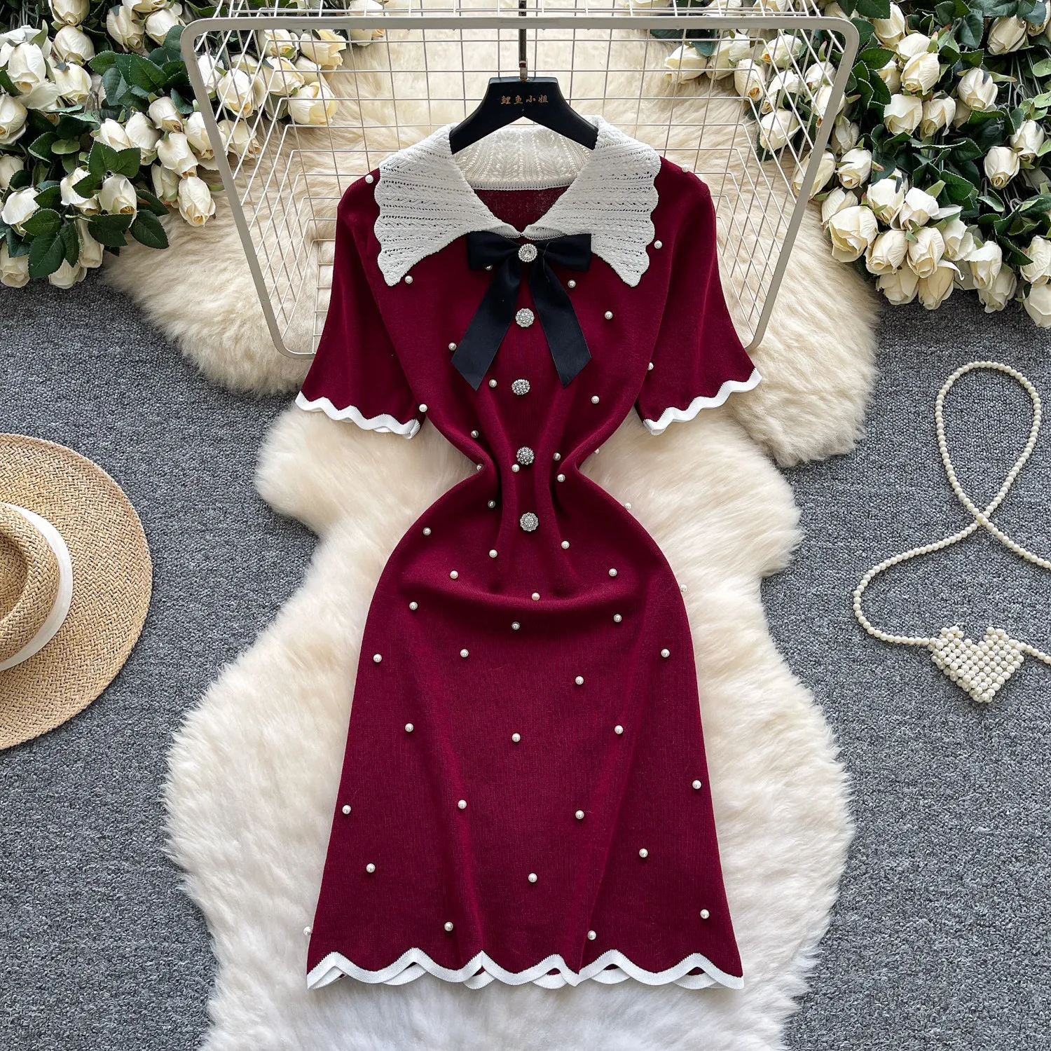 

Women Dresses Pearl Dress Bow Button Peter Pan Collar Short Sleeves Knee Length Cinched Waist Slim Fit Casual Office 2026 Summer