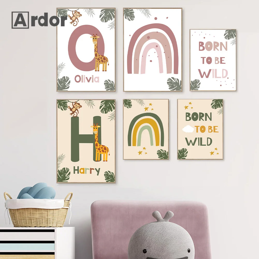 

Jungle Animal Lion Giraffe Custom Name Poster Canvas Painting Wall Art Nursery Print Pictures Nordic Posters Kids Room Decor
