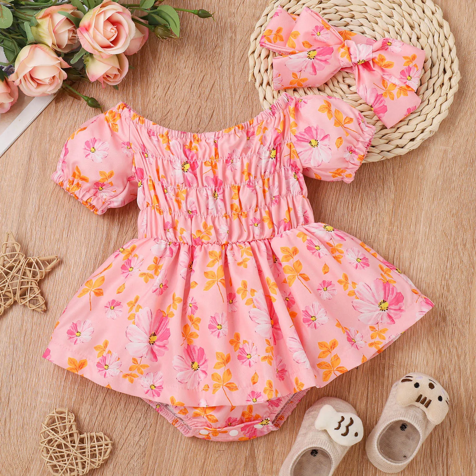 Infant Girls Bodysuits Short Sleeve Floral Printed Romper Newborn Bodysuits Headbands Set For Baby Youth Girls Leotard Jumpsuits