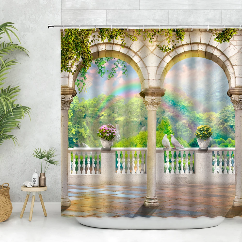 

3D European Landscape Shower Curtain Flowers Plants Green Forest Arch Nature Scenery Wall Decor Bathroom Curtains Bathtub Screen