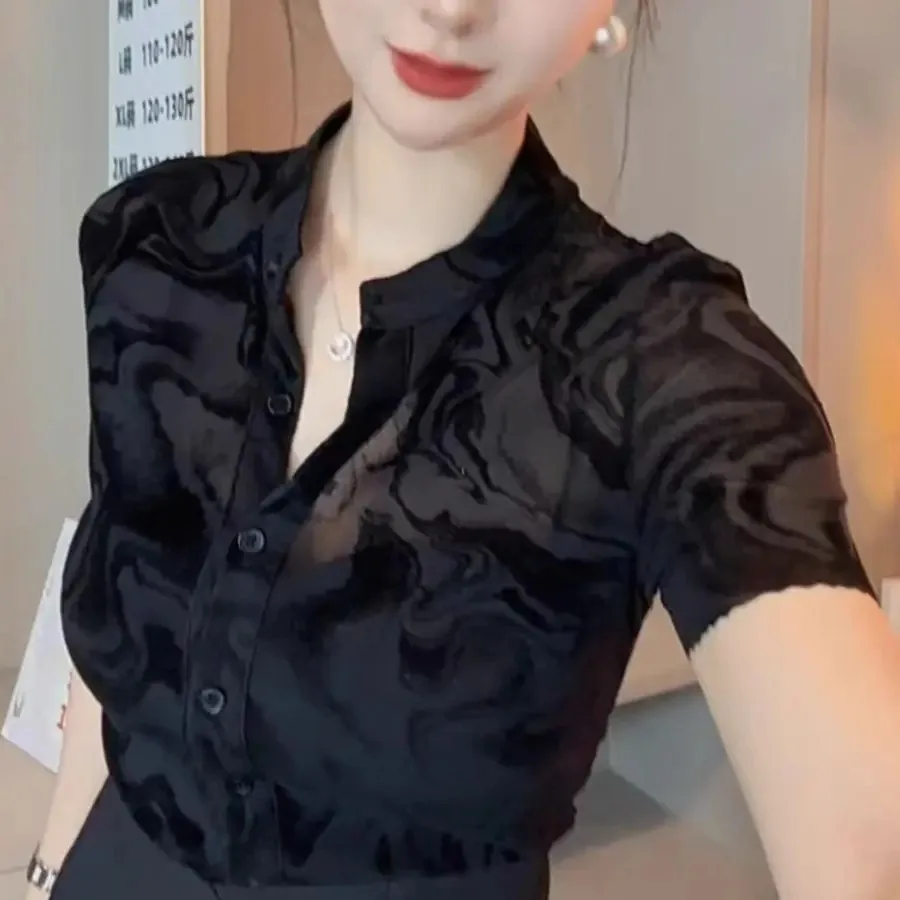 

Vintage Blouses For Women Black Gauze Summer Shirts 2026 Camisas De Mujer Stand Neck Short Sleeve Tops See Through Sexy Blouse