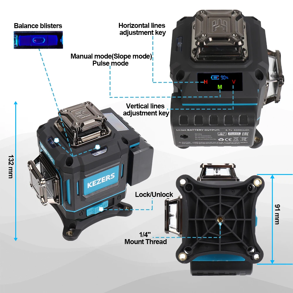 Imagem -02 - Kezers-controle Remoto Nível Laser Verde 16 Linhas Display 4d Kl4d03g Auto Nivelamento 360 1pc 4000mah Bateria Li-ion Receptor