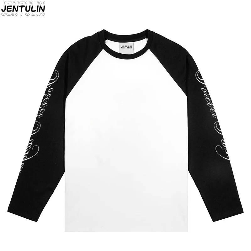Aesthetics Y2K Men's Clothing Splicing Long Sleeved T-shirts Women's Cotton Round Long Sleeve T-shirt Basic Tee White Tshirt