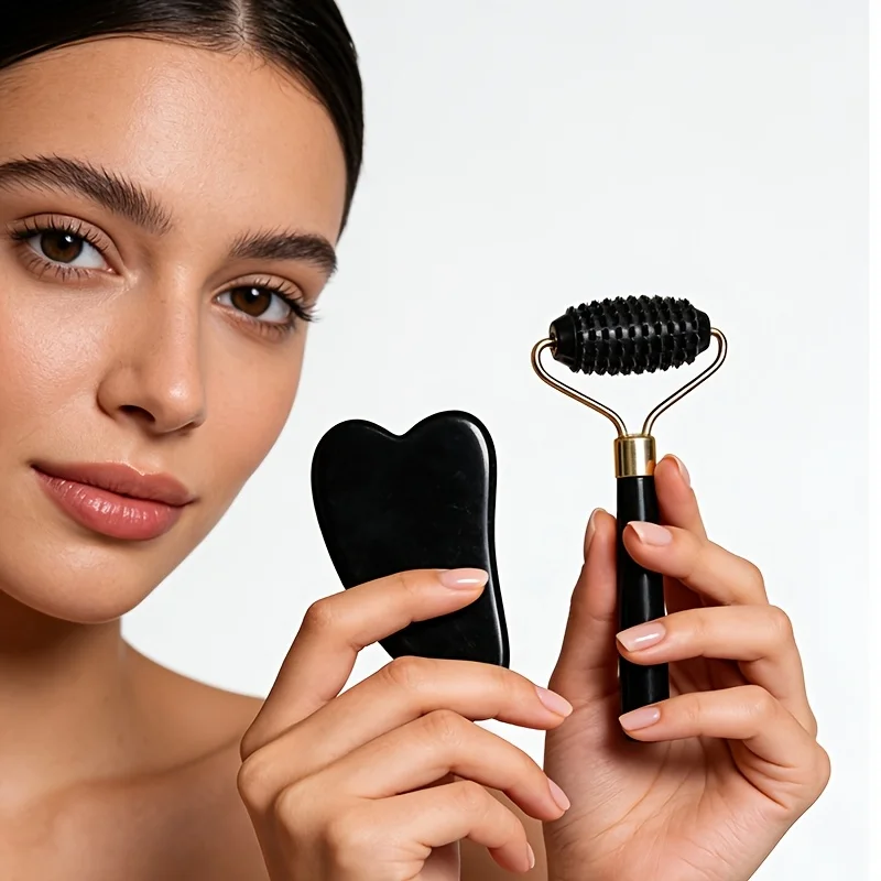 Conjunto de Massageador Gua Sha com Rolo de Cabeça Única, com Bastão de Massagem com Rolo e Placa Gua Sha, Ideal para Massagem Corporal Completa