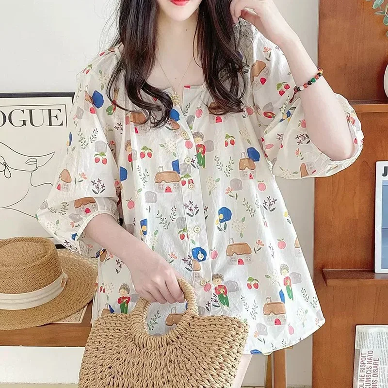 French Style Sweet V-neck Lantern Sleeve Floral Shirt for Women\'s Summer Loose Slimming Belly Covering Three-quarter Sleeve Top