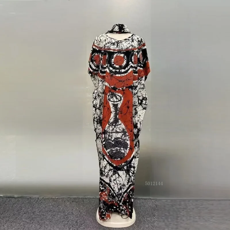 Abito da donna in cotone traspirante allentato etnico africano estivo stampato grande sciarpa abito alla moda 2025 design con diamanti caldi