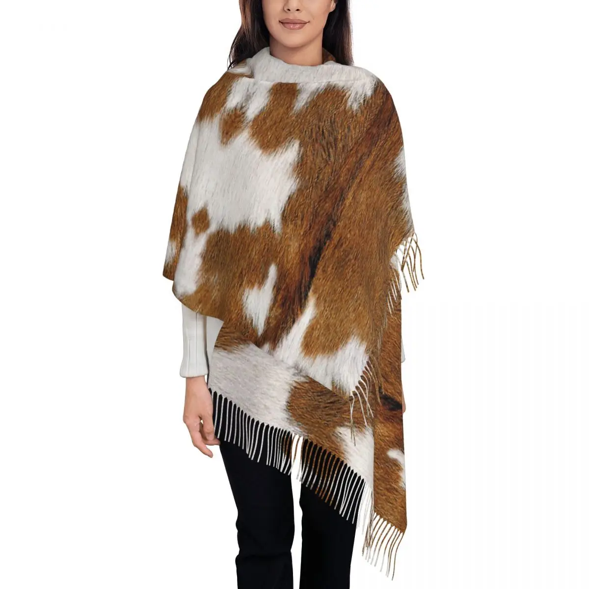 Stylish Cow Fur Cowhide Texture Cow Skin Print Patter Scarf Tassel Scarves Women Warm Shawls and Wraps Fall Winter Shawl Wrap