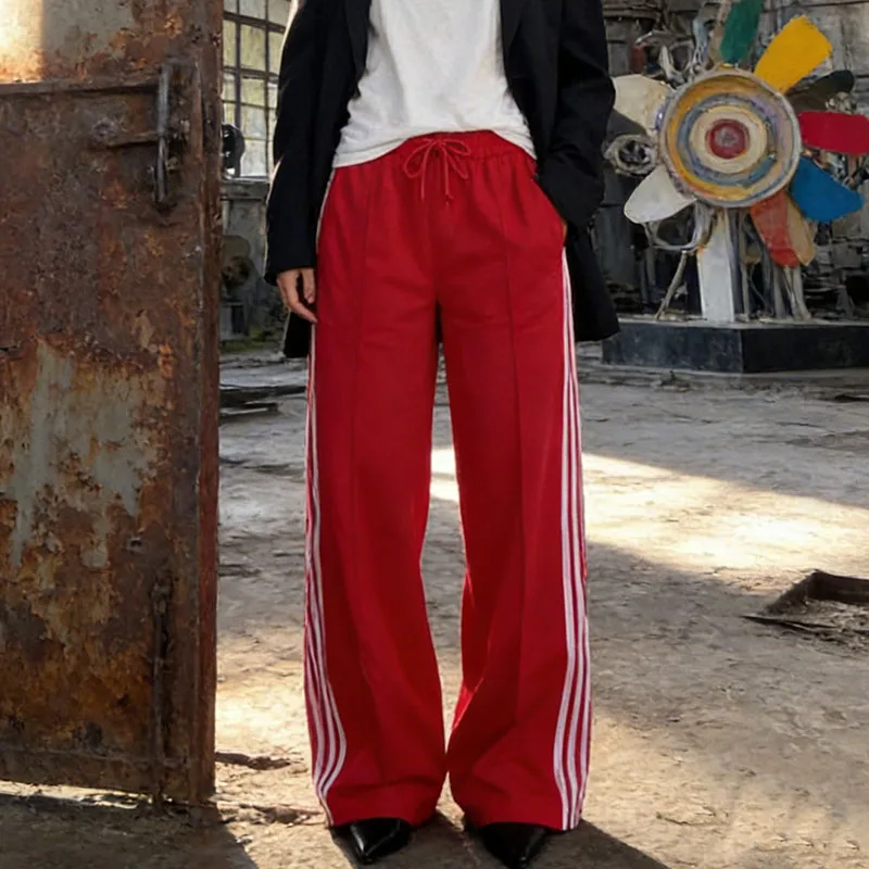 한국 봄 도파민 스트라이프 여성 빈티지 하라주쿠 바지 하이 스트리트 출퇴근 패션 트렌드 루즈 스트레이트 캐주얼 팬츠