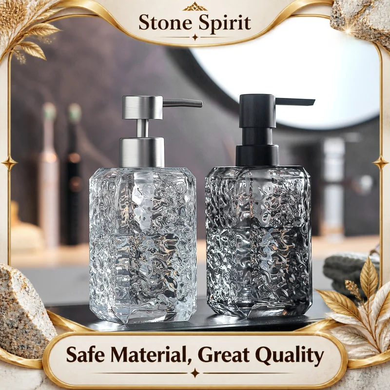 【Premium】Light Luxury Gray Glass Soap Dispenser, Refillable Pump Bottle for Shampoo Lotion, Bathroom Countertop Decor Organizer