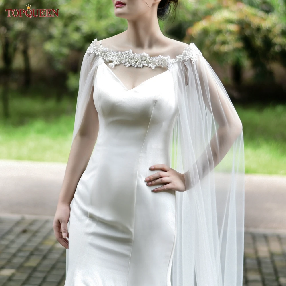 TOPQUEEN G26 Luxurious Bridal Cathedral Shawl Pearl Floral Off Shoulder Cape Soft Tulle Cloak Party Wedding Gown Cardigan DIY