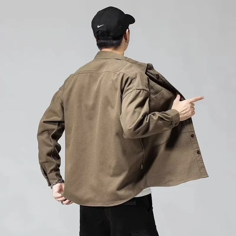 Autumn Men\'s Solid Color Applique Design Long Sleeve Cargo Shirt New Lapel Oversized Casual Blouses Y2K Streetwear Social Shirts