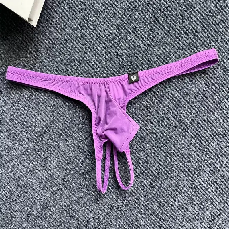 Men\'s Sexy Low Waisted Thong With Short Elephant Trunk Ice Silk Thin Cut Hollowed OutThin Straps Solid Color Underware