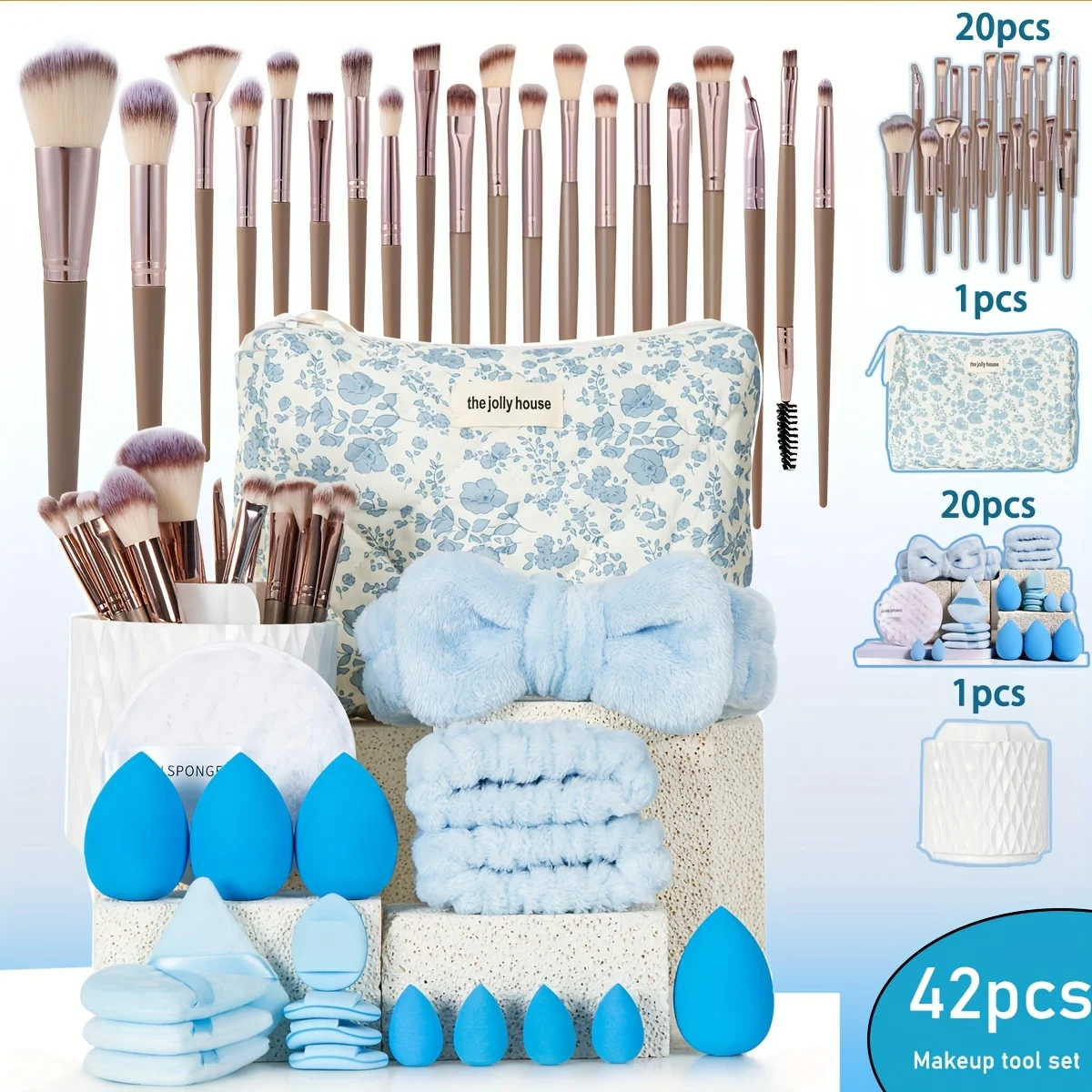 

20/40/42 шт. синий набор инструментов для макияжа, спонж для макияжа и кисть, пуховка, воздушная подушка, сумка для макияжа, контейнер для хранения, портативный для путешествий