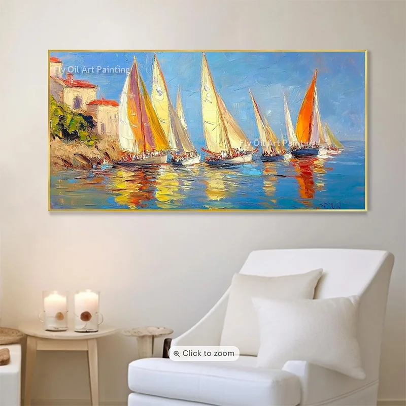 Handmade Colorful Sailing Team On The Blue Sea Thick Oil Painting On Canvas Large White Boats Seascape Wall Art For Home Decor