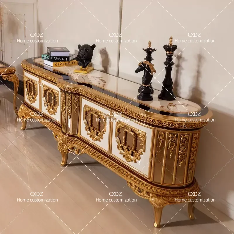 European solid wood carving flower TV cabinet French luxury villa living room furniture home locker storage cabinet floor