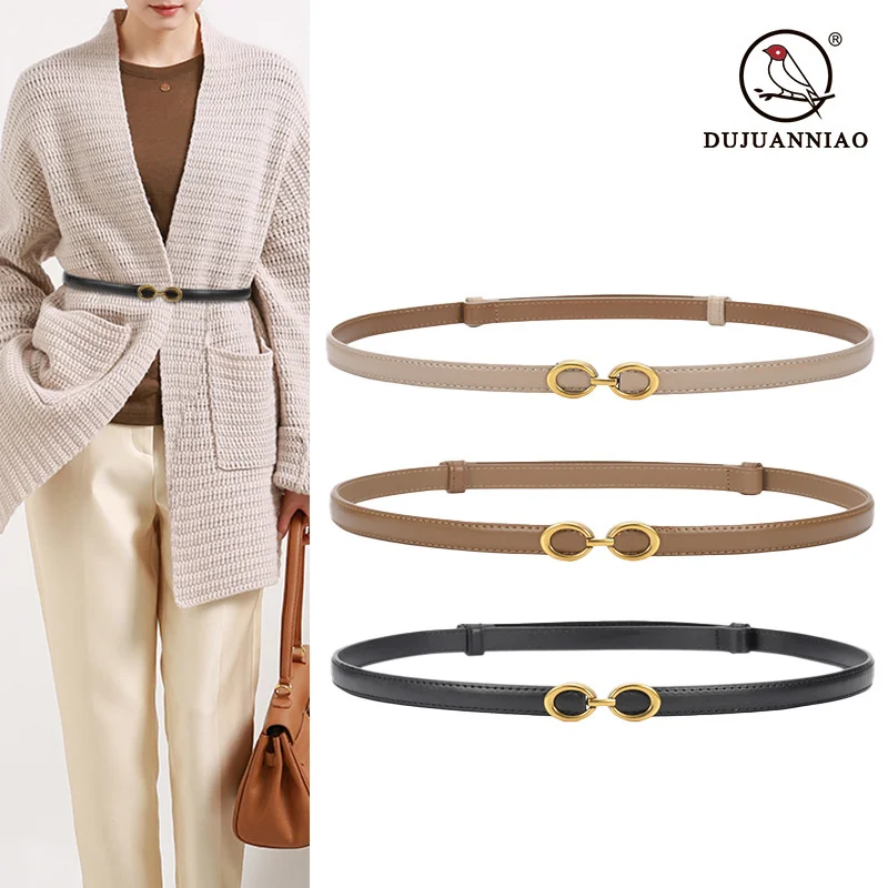 

100% genuine real leather New Korean version slim waistband with simple button up cowhide small western decoration, belt for wom