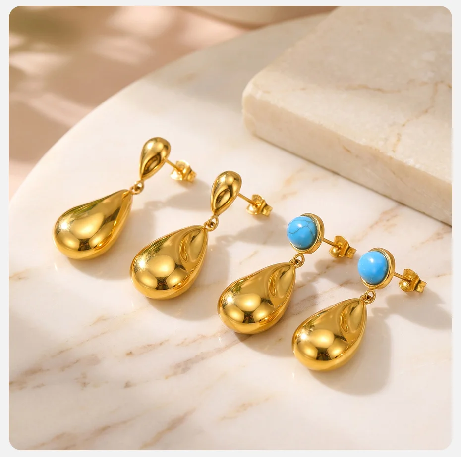 Vnox Elegante Tropfenohrringe für Damen, trendiger Edelstahl, 18K vergoldet, Naturstein, blauer Türkis, tropfenförmige Hängeohrringe – Detail 5