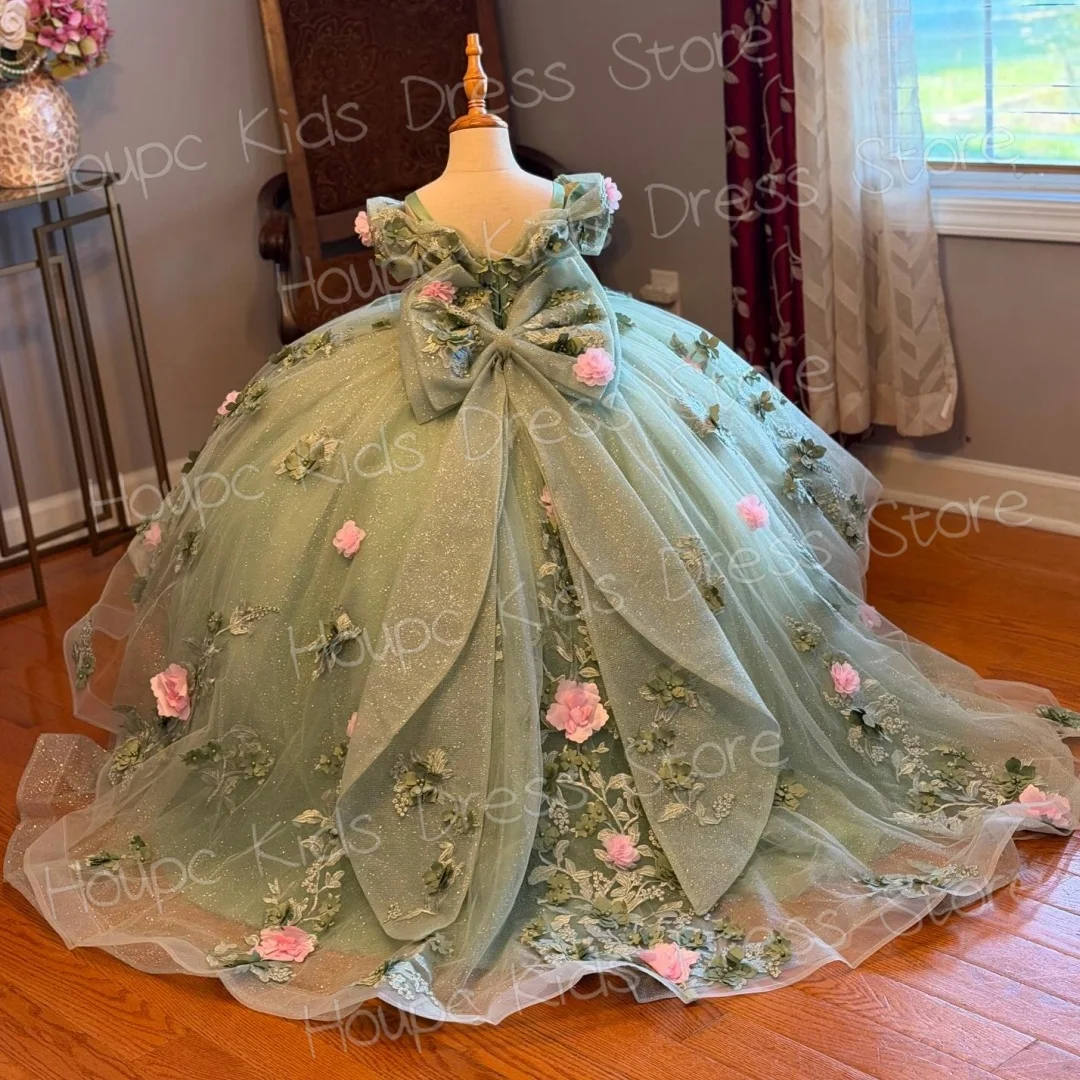 Customized Green Flower Girl Dresses WeddingTulle Appliques Pink Flowers With Bow For  Birthday Party Prom Banquet Princess Gown