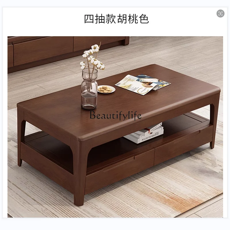 Modern solid wood coffee table simple small apartment rectangular two-story tea table