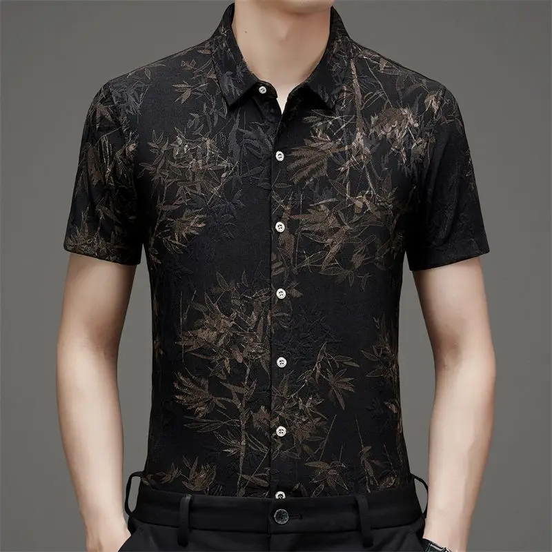 Men\'s Clothing Summer Turn-down Collar Button Embroidered Geometric Shaped Short Sleeve Cardigan Shirt Casual Retro Fashion Tops