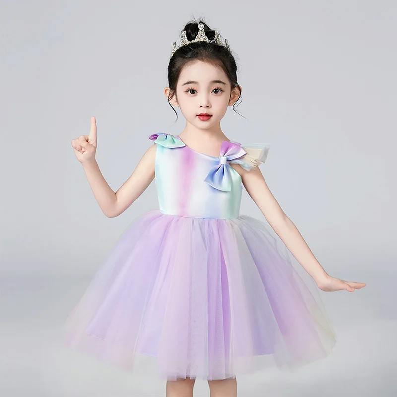 Meninas Multi-color Gradient Rainbow Dress para Aniversário Carnaval Performance Pageant Evening Party Princess Tutu para 3-14Y