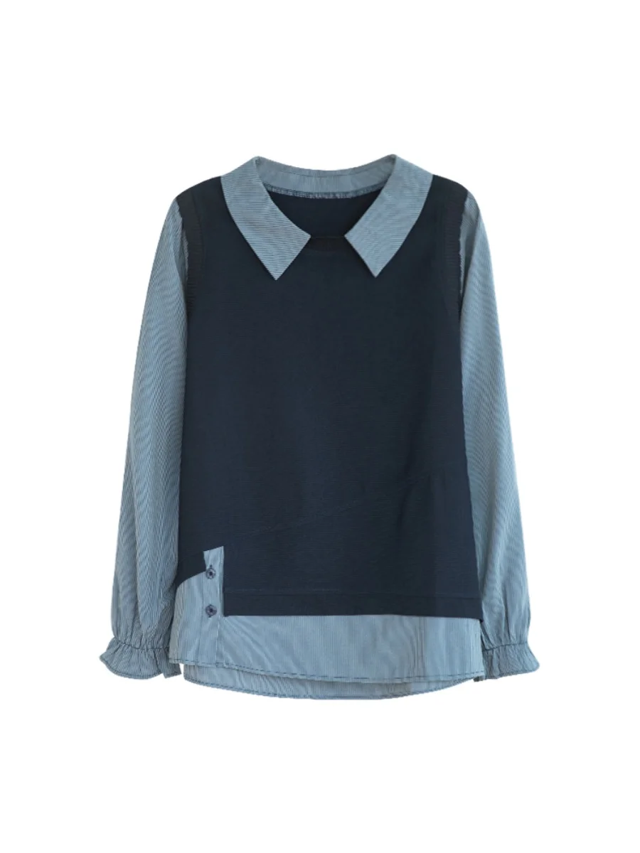 Vorfrühling künstlerische Kontrastfarbe Streifen Spleißen gefälschte zweiteilige lange Sve irt Kragen Top für Plus Size Frauen trendig