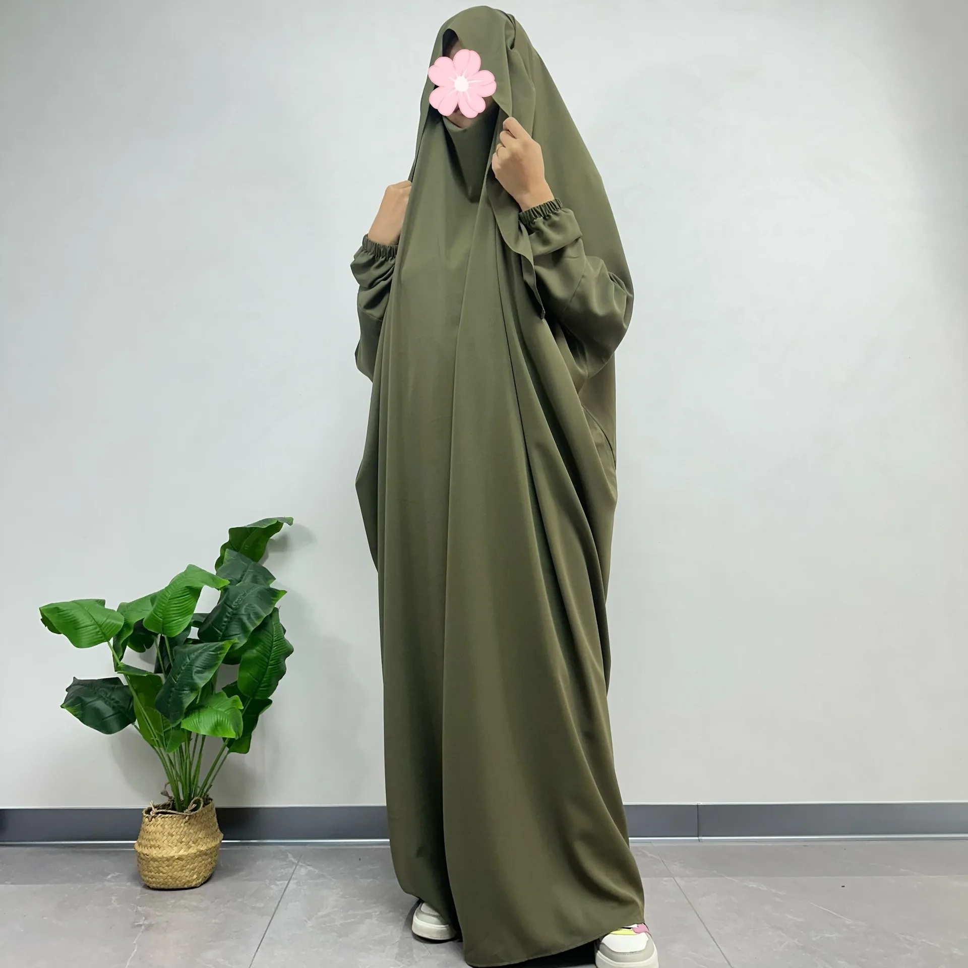 

One Piece Jalabiya with Niqab Straps Ruffle Cuff Lightweight Breathable Nida Wholesale EID Ramadan Muslim Islamic Prayer Dress