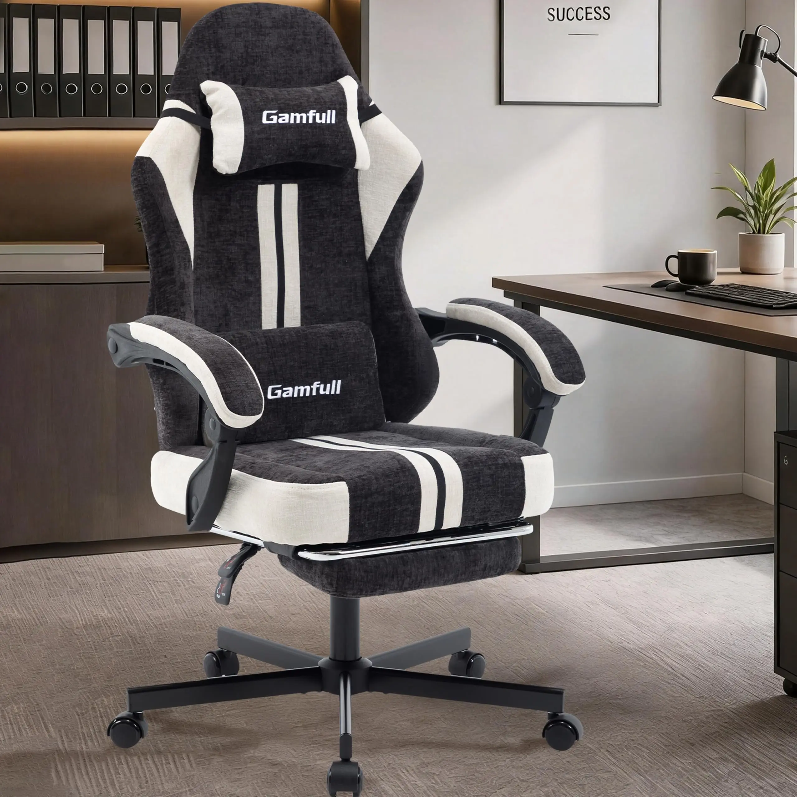Fabric Gaming Chair for Adults,Video Game Chairs with Footrest,Black&White