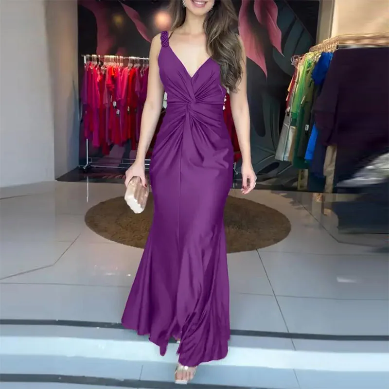 Fashion Solid Color Slim Fishtail Dress Temperament V-neck Twist Sleeveless Halter Dress Elegant Hollow Out Satin Evening Dress