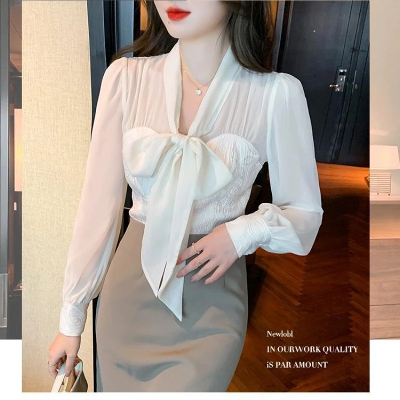 Temperamento arco laço fino blusa curta primavera outono nova manga longa sólida elegante camisa topos moda doce roupas femininas