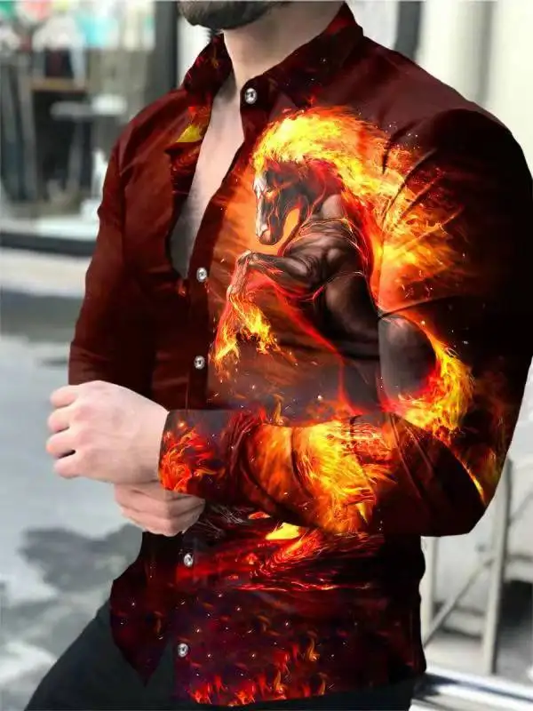 

Spring Printed Long Sve Men's irt Outerwear Animal Pattern Casual Faionable Versatile Seasonal Regular Fit Special Width